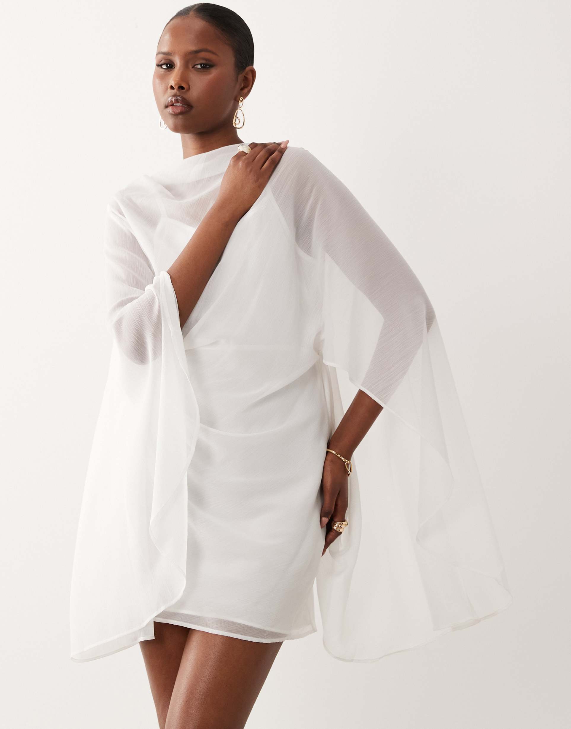 asos design high neck drape front extreme cape sleeve mini dress in ivory