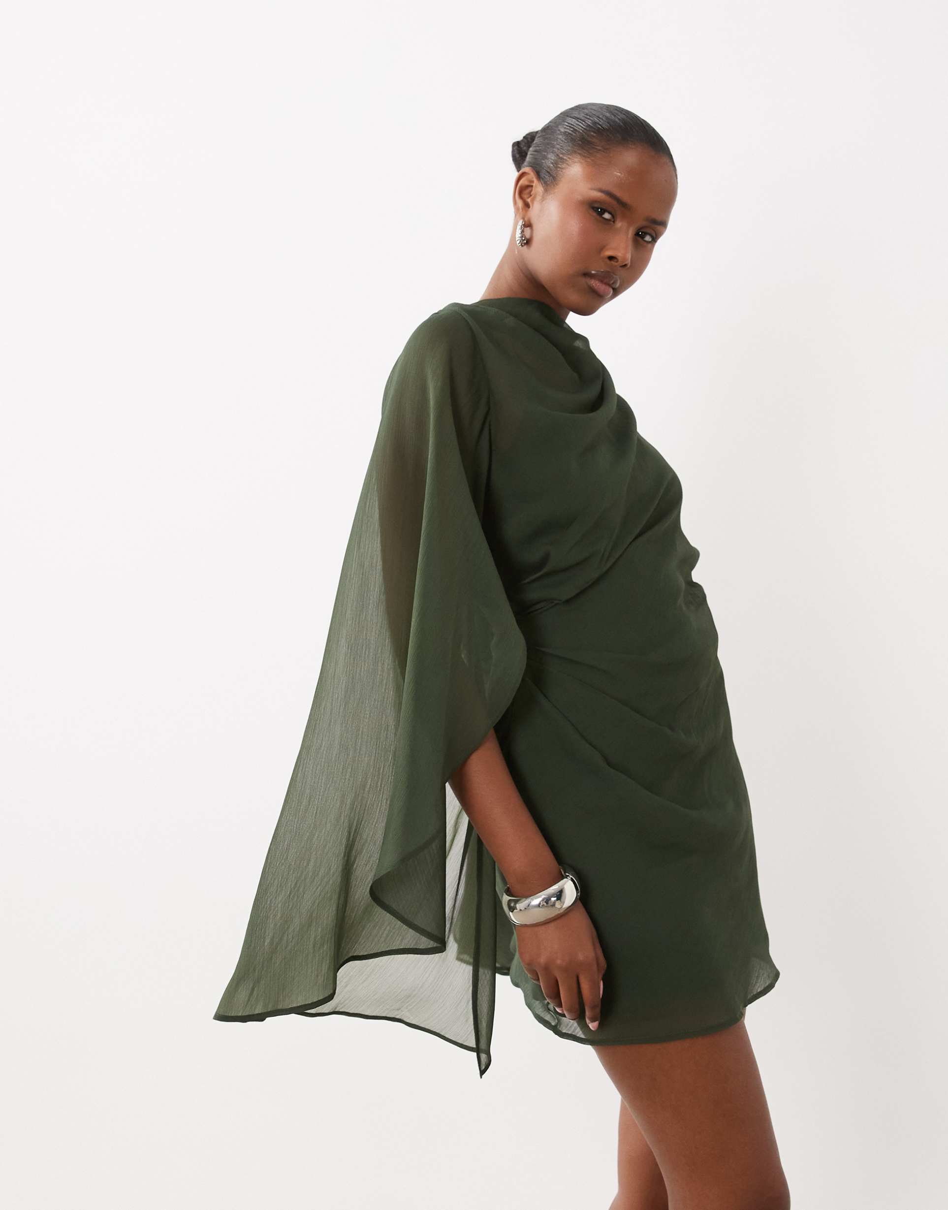 asos design high neck drape front extreme cape sleeve mini dress in khaki green