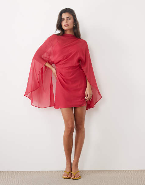 ASOS DESIGN high neck drape front extreme cape sleeve mini dress in magenta - view 1