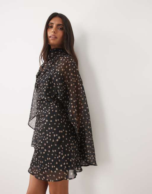 ASOS DESIGN high neck drape front extreme cape sleeve mini dress in mono spot, 2 of 4