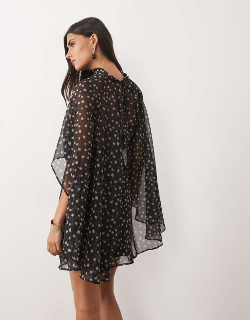 ASOS DESIGN high neck drape front extreme cape sleeve mini dress in mono spot, 4 of 4
