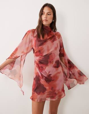 Asos Design High Neck Drape Front Extreme Cape Sleeve Mini Dress In Multi
