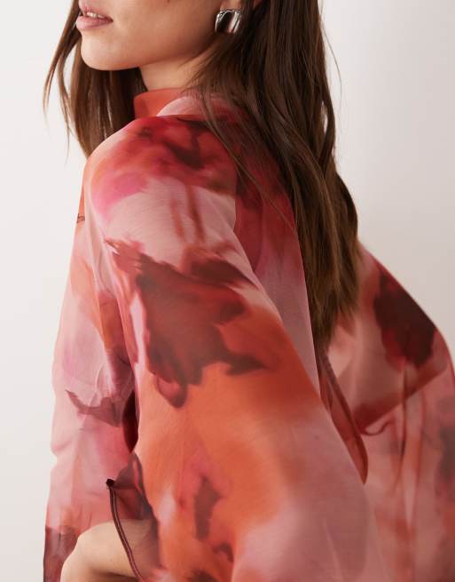 ASOS DESIGN high neck drape front extreme cape sleeve mini dress in rose blurred floral, 3 of 4