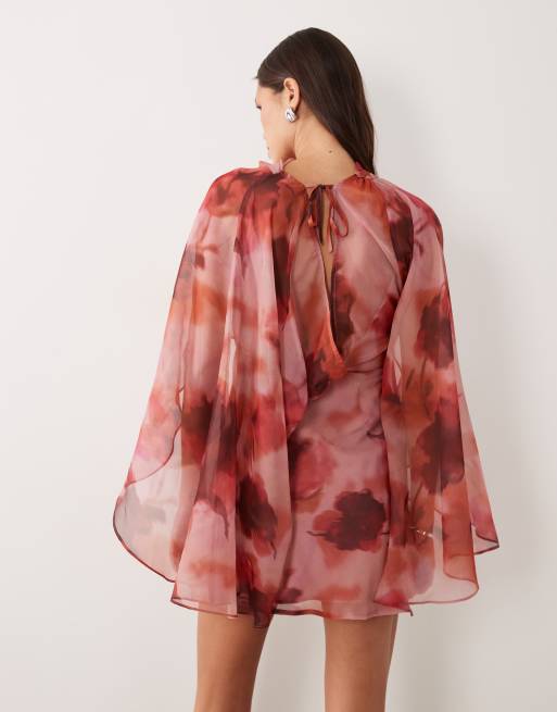 ASOS DESIGN high neck drape front extreme cape sleeve mini dress in rose blurred floral, 4 of 4