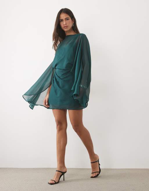 ASOS DESIGN high neck drape front extreme cape sleeve mini dress in teal, 2 of 4
