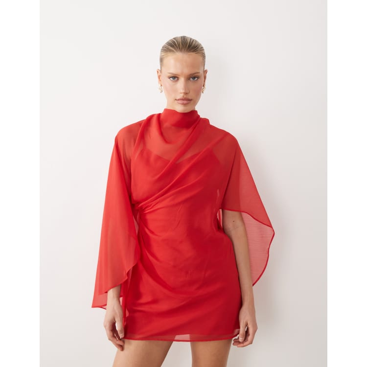 ASOS DESIGN high neck drape front extreme cape sleeves mini dress in red |  ASOS