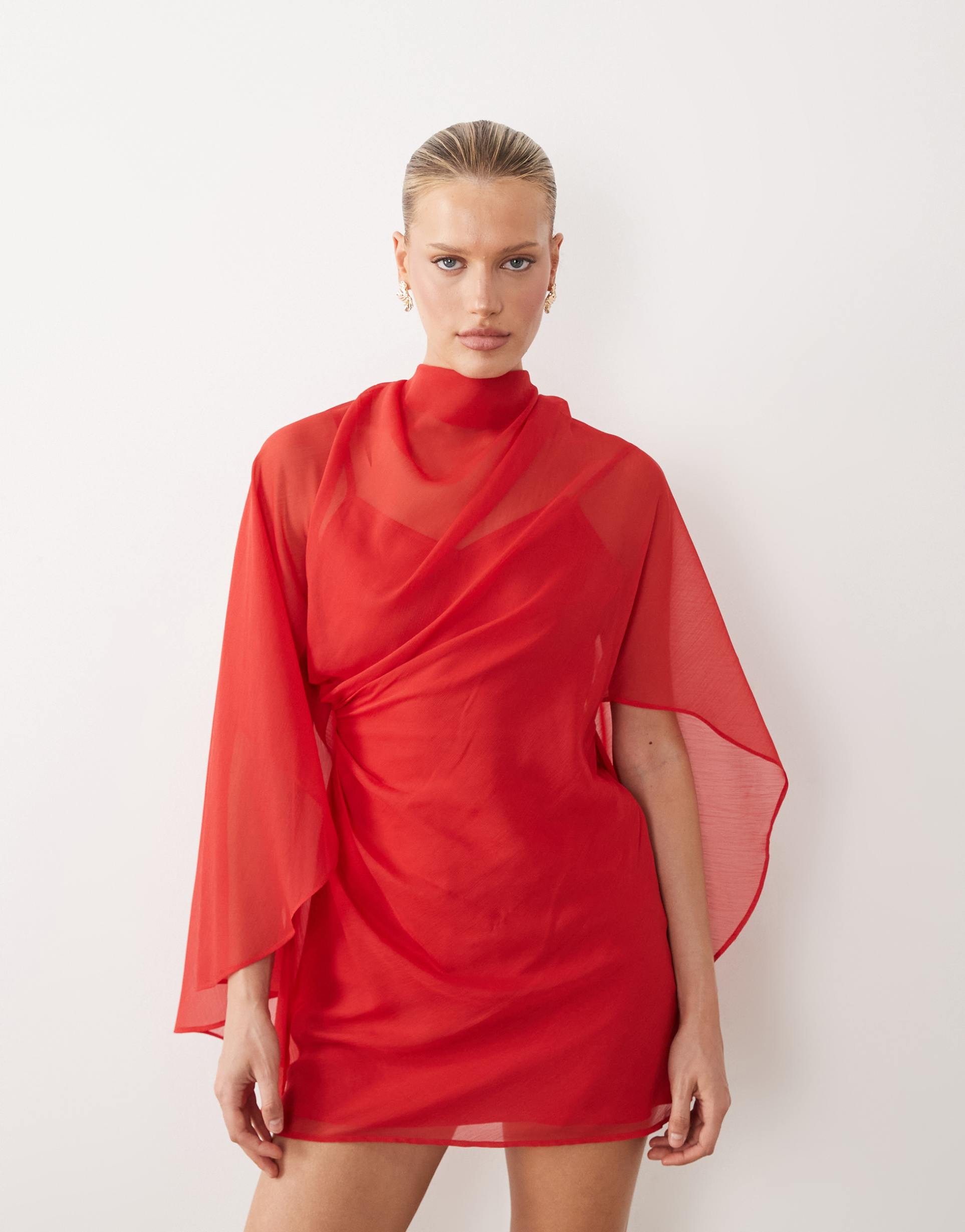 asos design high neck drape front extreme cape sleeves mini dress in red