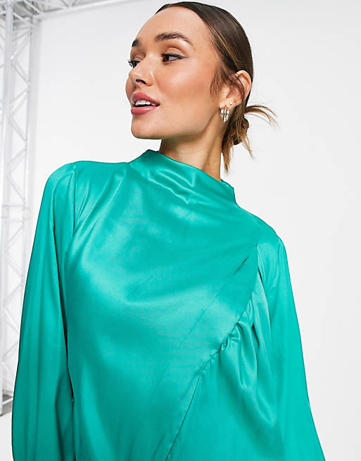  high neck drape long sleeve smock with ruched seam detail in green 