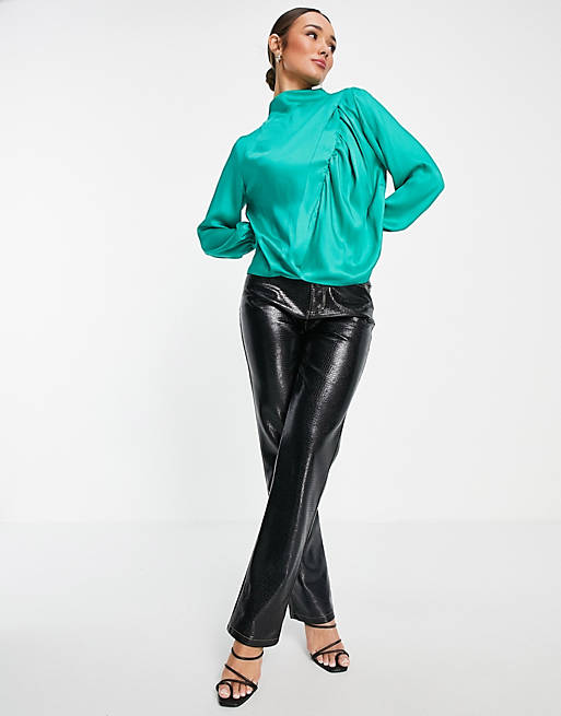  high neck drape long sleeve smock with ruched seam detail in green 