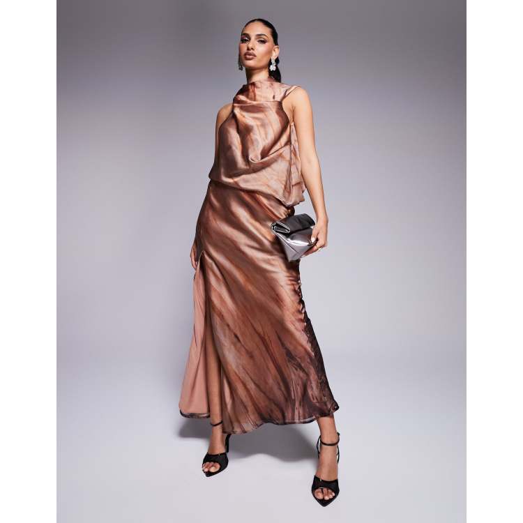 リルアー　drape design dress M-Long brown ASOS DESIGN high neck drape maxi dress in abstract print | ASOS