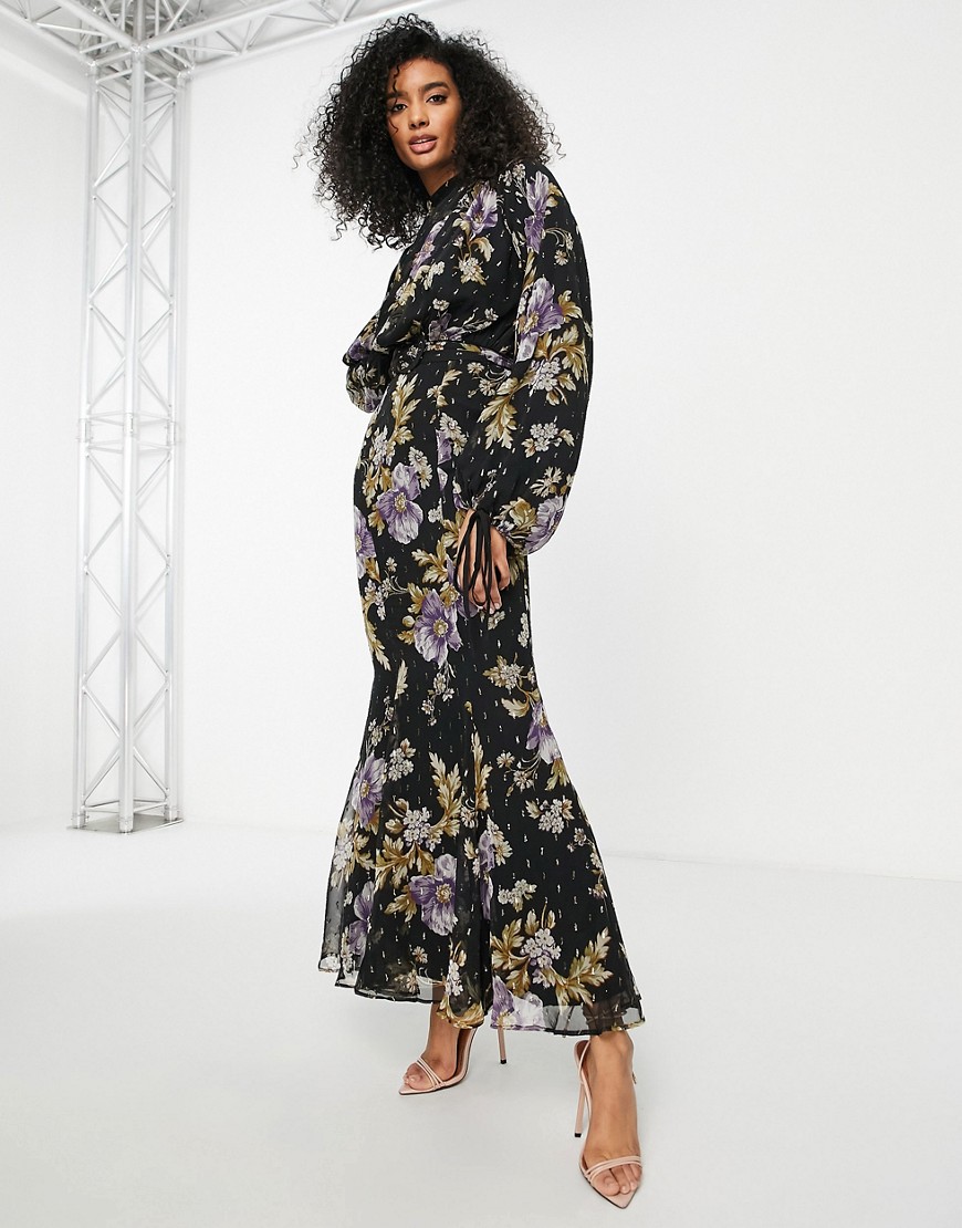 ASOS DESIGN high neck drape maxi dress in floral fil coupe with belt-Multi