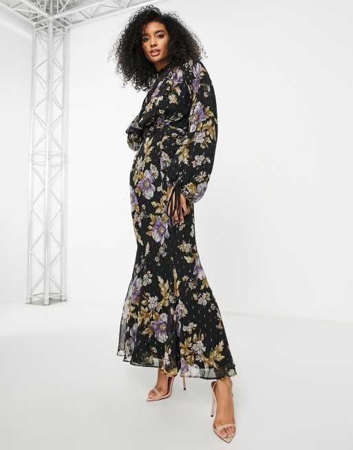 ASOS DESIGN high neck drape maxi dress in floral fil coupe with belt