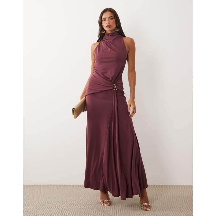 asos design high neck draped satin maxi dress ASOS DESIGN high neck drape satin maxi dress with open back in lilac blue