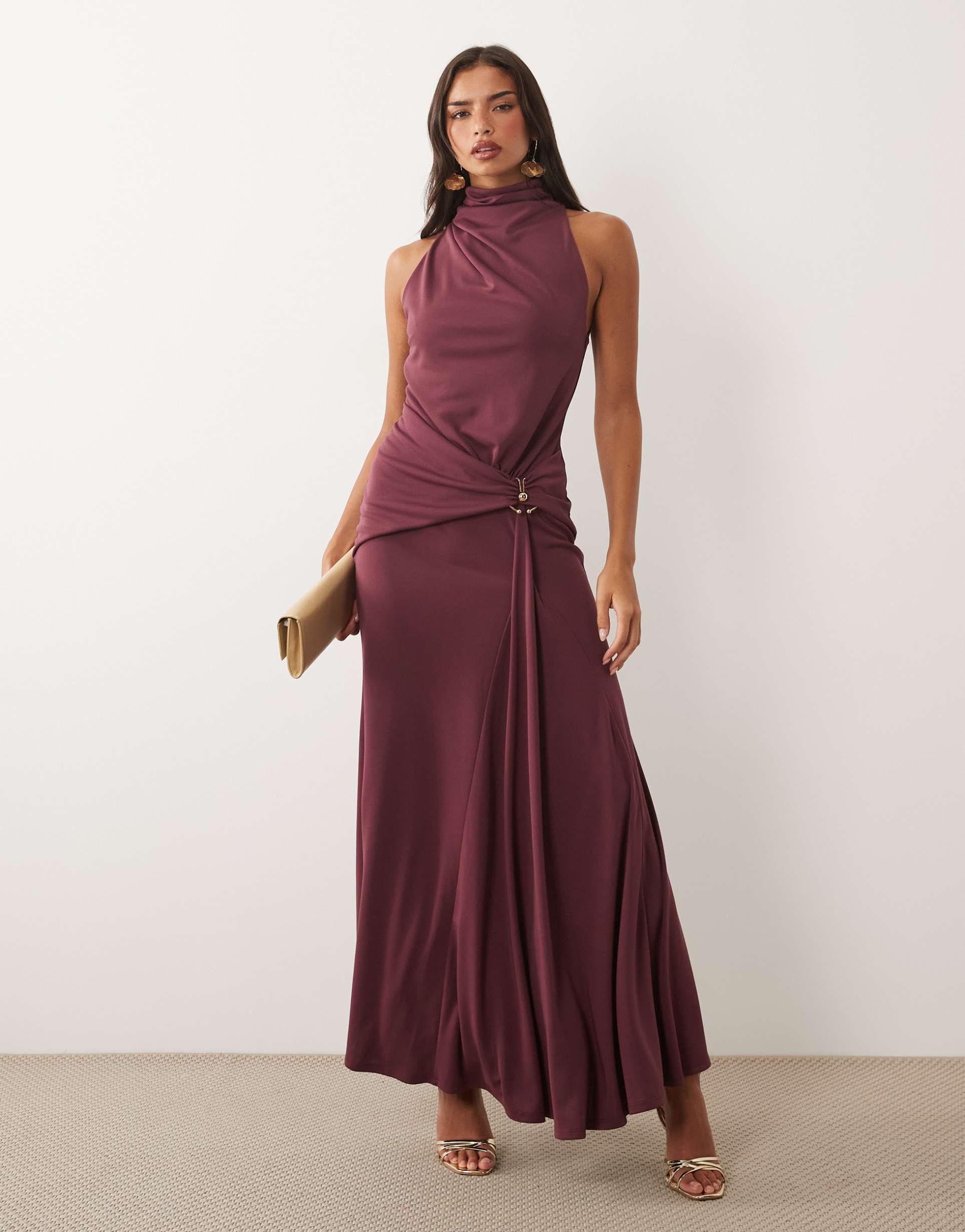 asos design high neck drape maxi dress with trim detail in mauve
