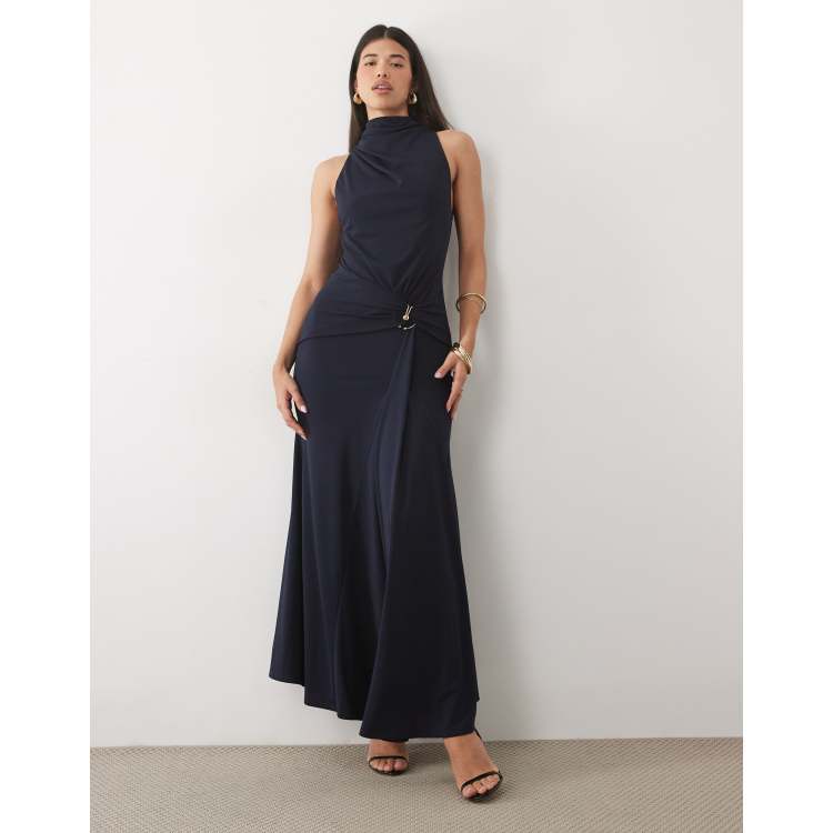 ASOS DESIGN high neck drape maxi dress with trim detail in navy
