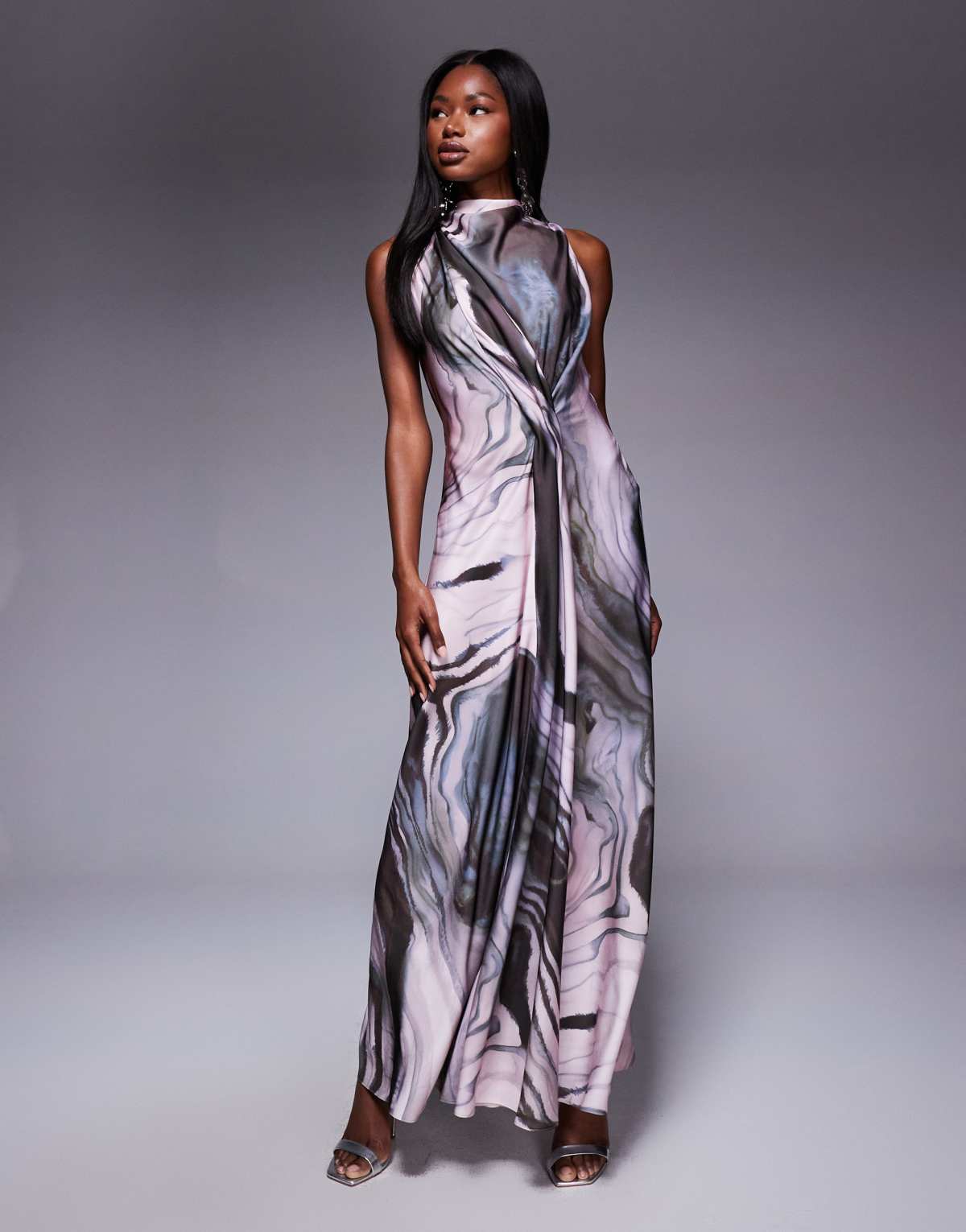 ASOS DESIGN high neck drape maxi satin dress with tucked detail in brown abstract print