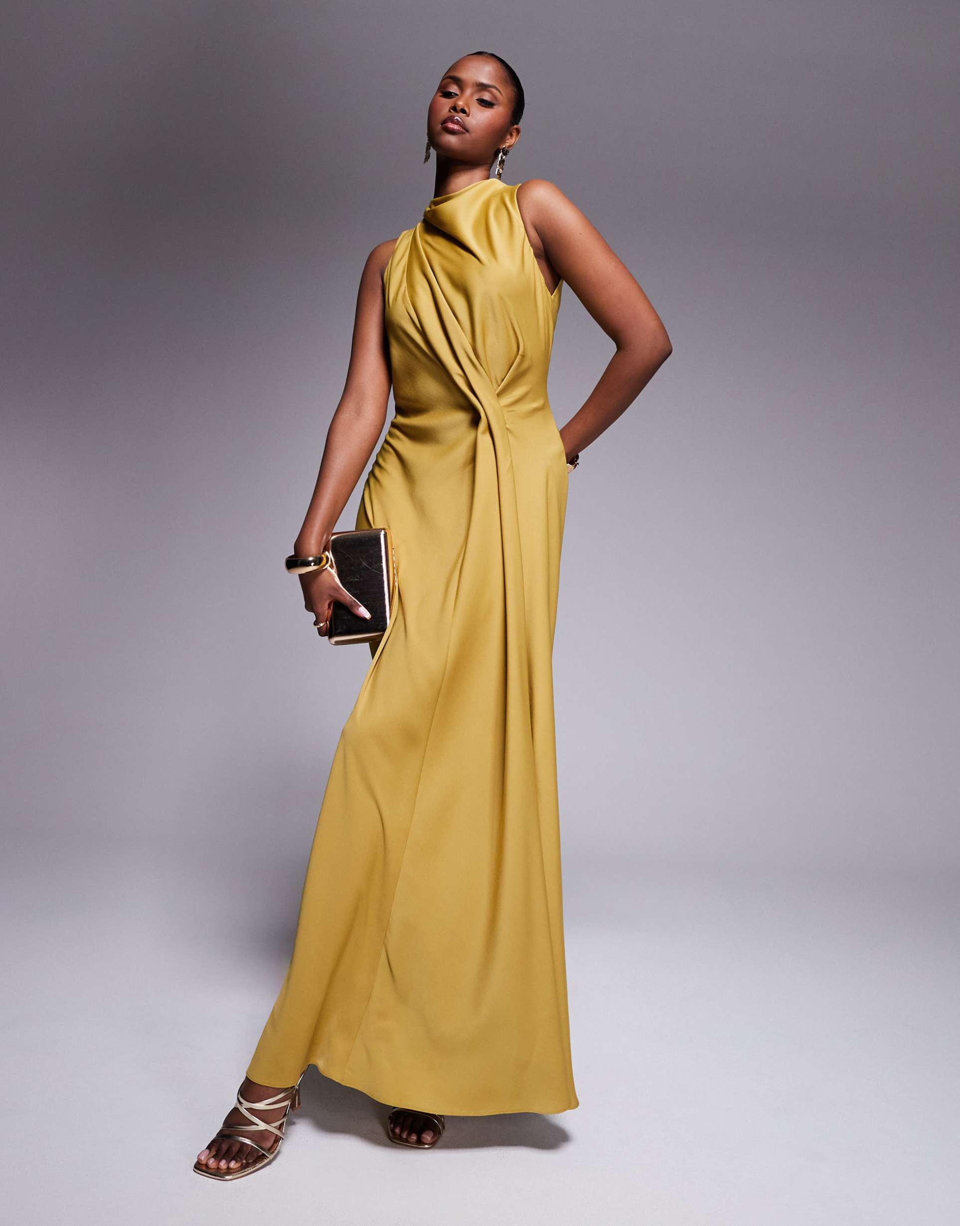 asos design high neck drape maxi satin dress with tucked detail in ochre