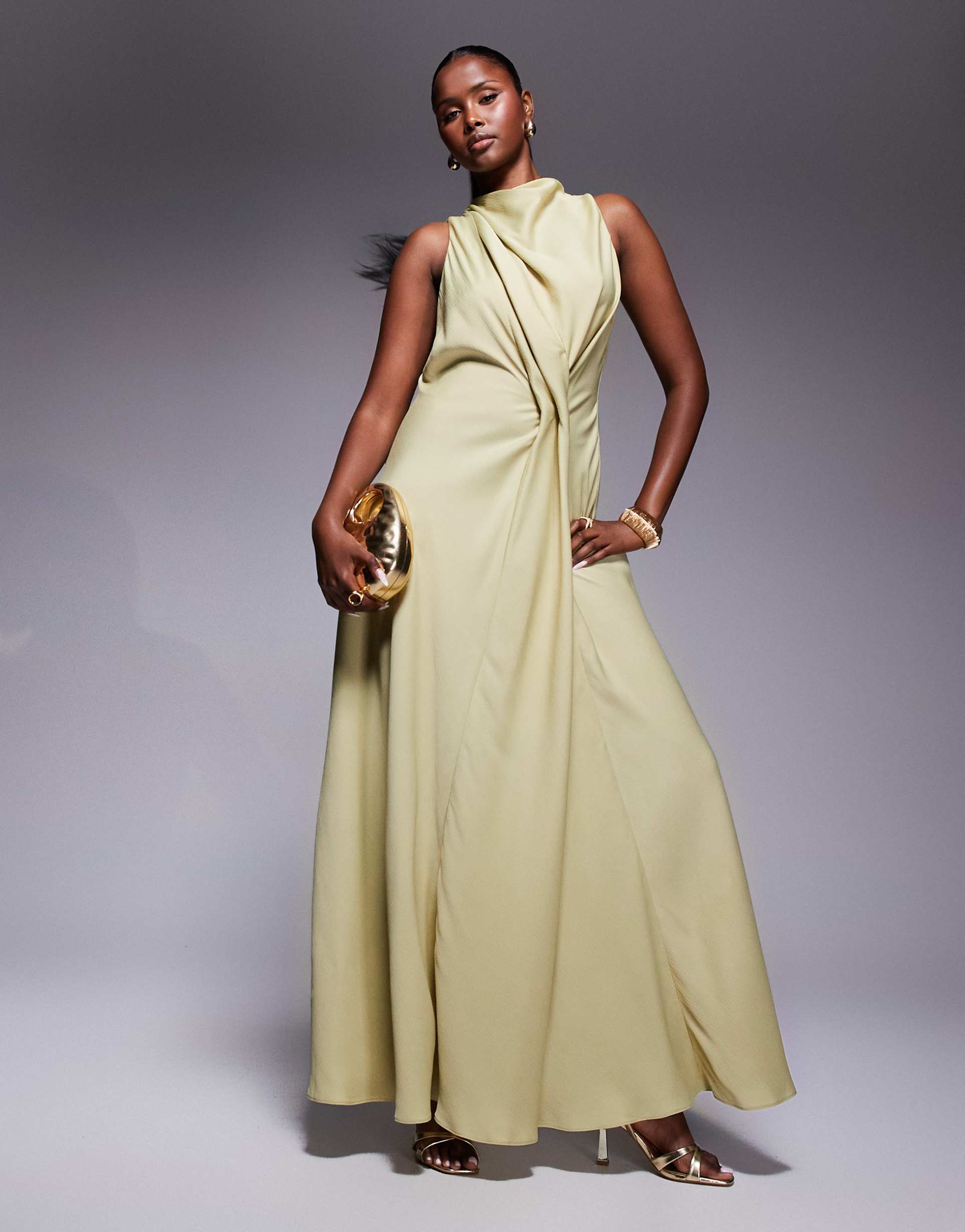asos design high neck drape maxi satin dress with tucked detail in pale olive