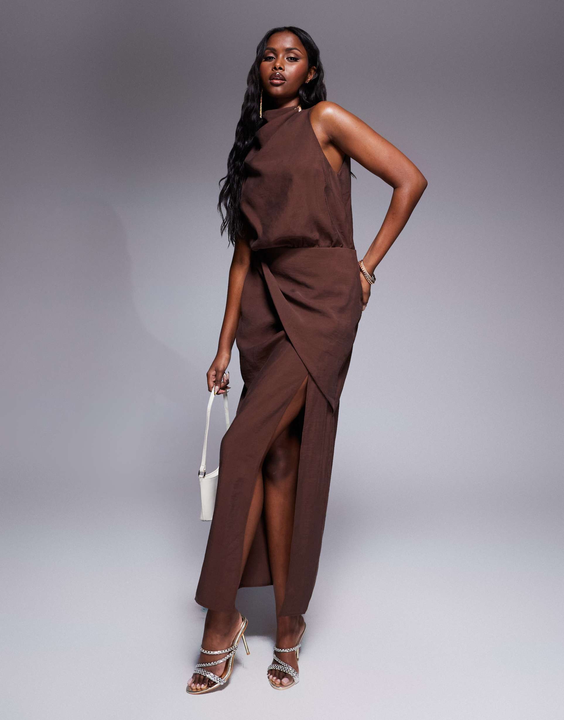 asos design high neck drape midi dress in dark chocolate