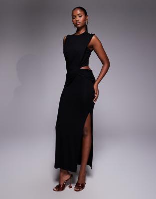Asos Design High Neck Drape Sash Midi Dress In Black
