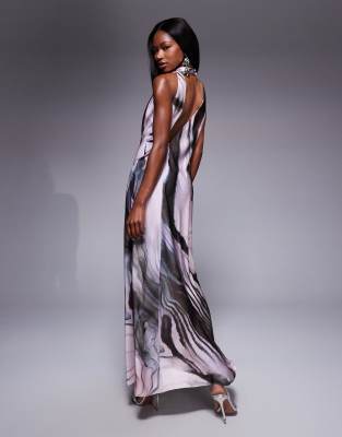 Asos Design High Neck Drape Satin Maxi Dress With Tucked Detail In Multi