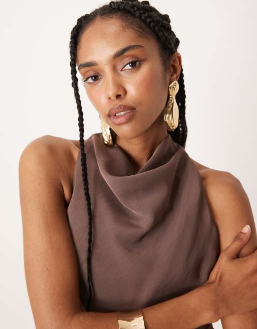 ASOS DESIGN high neck drape skirt detail midi dress in chocolate brown, 2 of 4