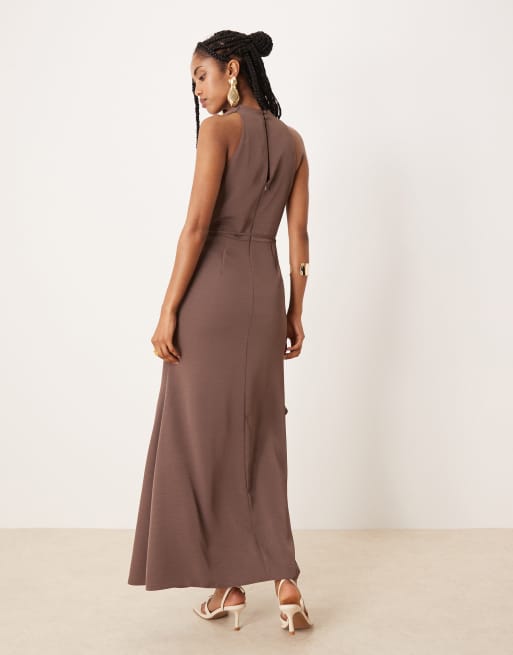 ASOS DESIGN high neck drape skirt detail midi dress in chocolate brown, 3 of 4