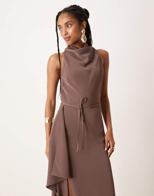 ASOS DESIGN high neck drape skirt detail midi dress in chocolate brown, 4 of 4