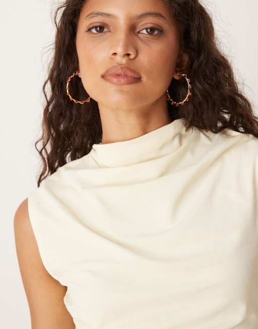 ASOS DESIGN high neck drape top with ruched sides in buttermilk