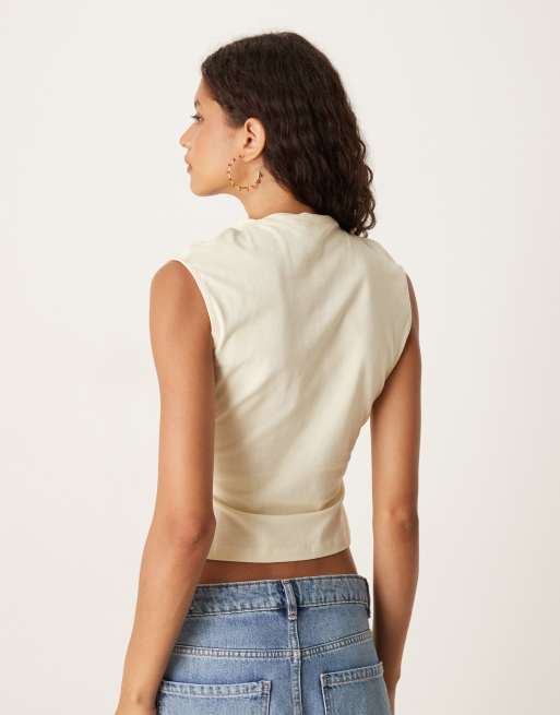 ASOS DESIGN high neck drape top with ruched sides in buttermilk