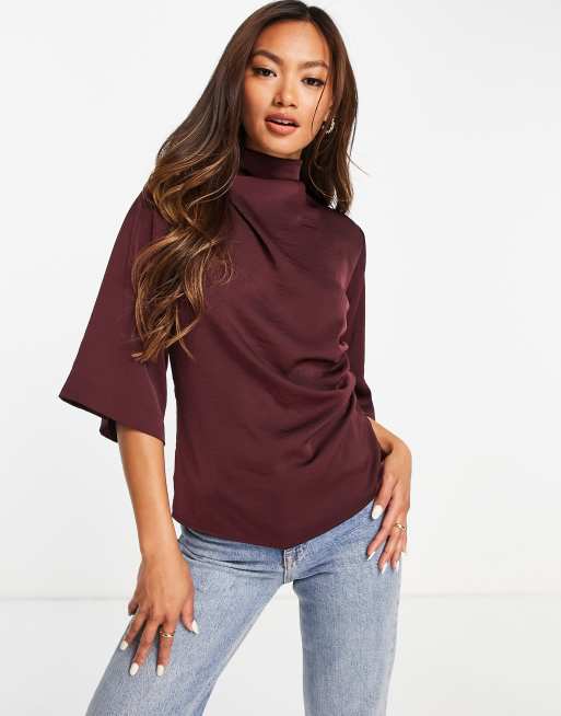 ASOS DESIGN high neck drape top with flutter sleeve and ruched side in ...