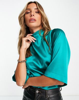 ASOS DESIGN high neck drape top with flutter sleeve and ruched side in saphire blue