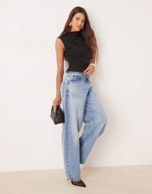 Asos Design High Neck Drape Top With Ruched Sides In Black