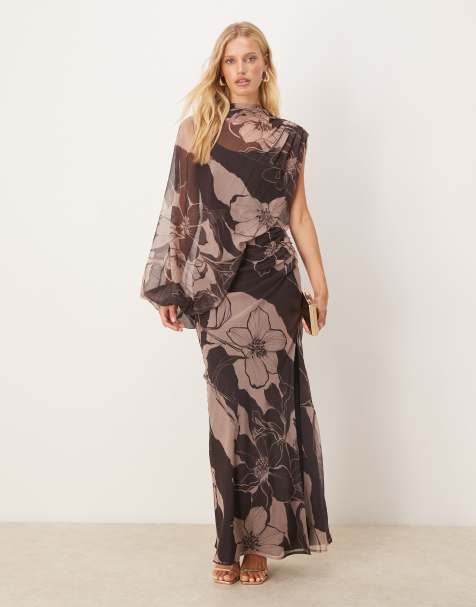 ASOS DESIGN high neck draped asymmetric maxi dress with cut out in brown floral print - view 1