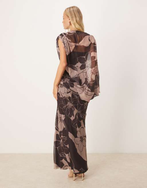 ASOS DESIGN high neck draped asymmetric maxi dress with cut out in brown floral print, 2 of 4