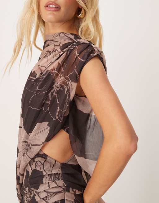 ASOS DESIGN high neck draped asymmetric maxi dress with cut out in brown floral print, 4 of 4