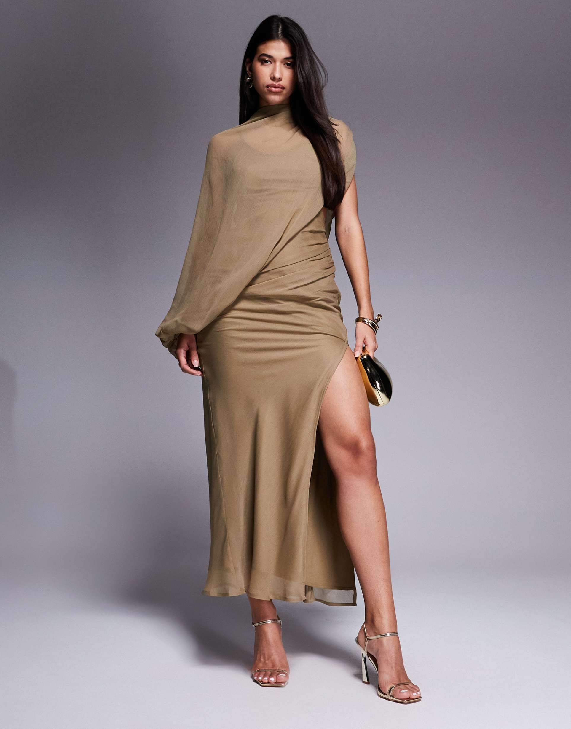 asos design high neck draped asymmetric maxi dress with cut out in taupe