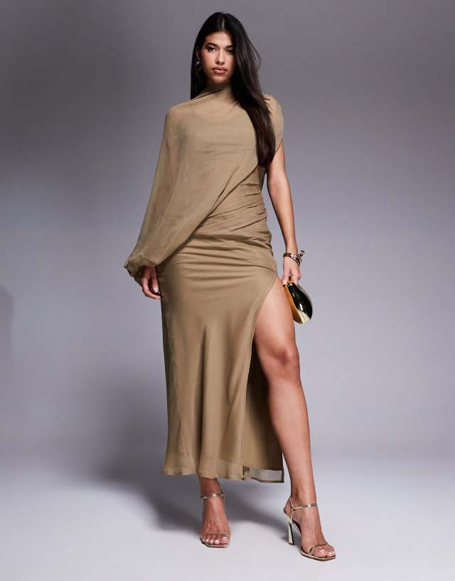 asos asymmetric drape dress DESIGN high neck draped maxi with cut out in taupe Bachelorette Party Outfits | mermaid wedding dress with long train size:XL - UK 18-20 Crafted from high