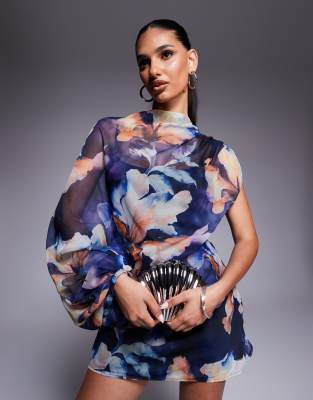 ASOS DESIGN high neck draped asymmetric mini dress with cut out in abstract floral