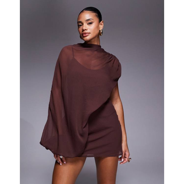 chocolate chiffon asymmetric strap draped midi dress Ariven Asym Midi Dress in Dark Chocolate – Isalis main image 1