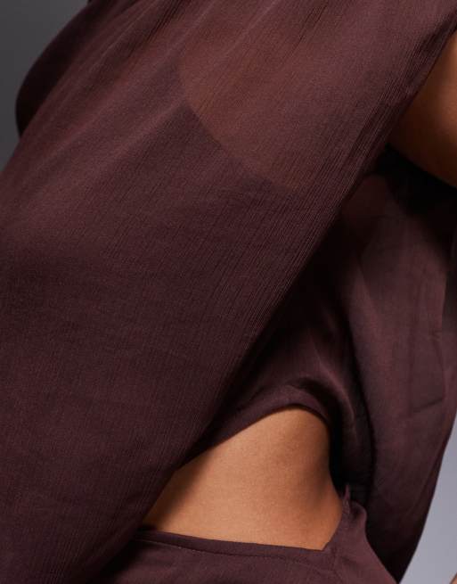ASOS DESIGN high neck draped asymmetric mini dress with cut out in chocolate