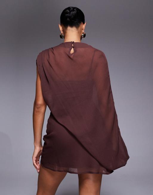 ASOS DESIGN high neck draped asymmetric mini dress with cut out in chocolate