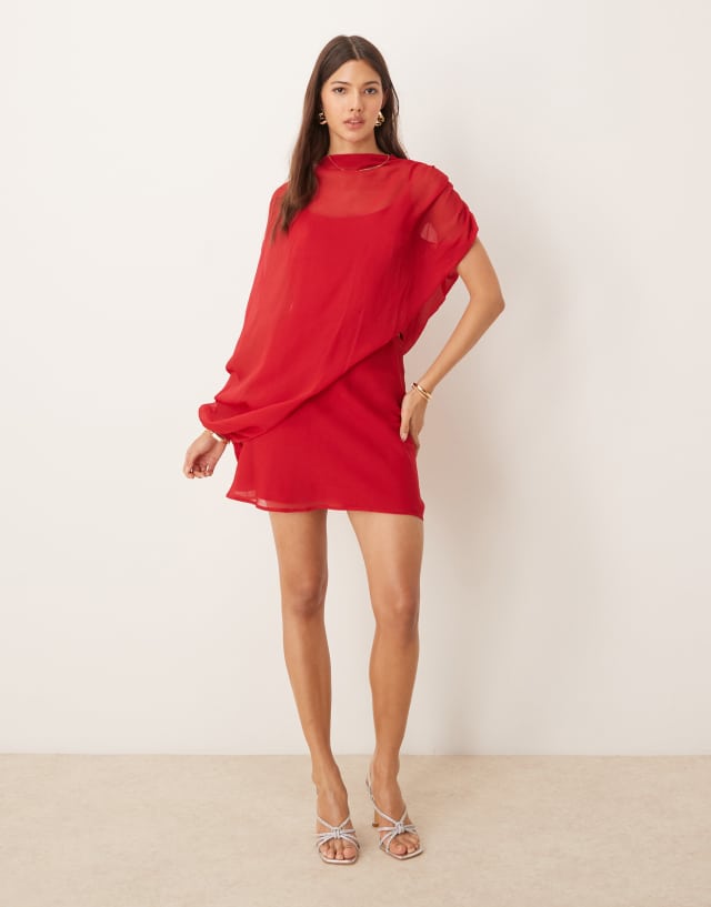 ASOS DESIGN high neck draped asymmetric mini dress with cut out in red
