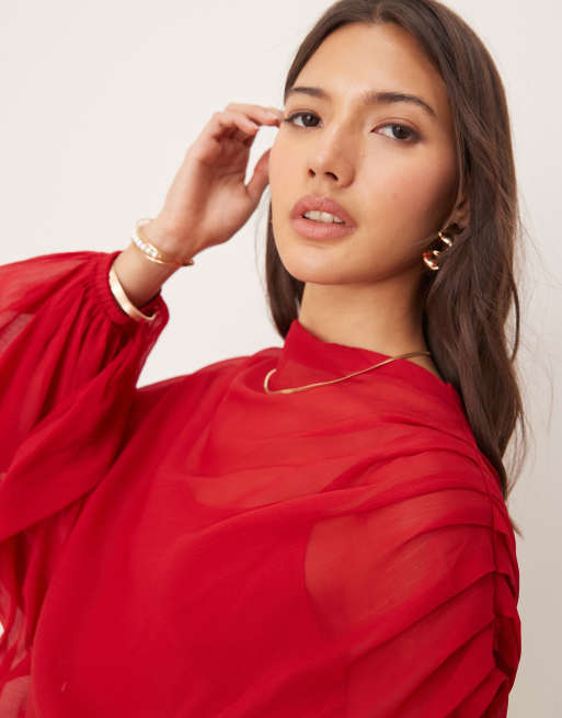 ASOS DESIGN high neck draped asymmetric mini dress with cut out in red |  ASOS