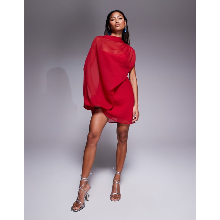 ASOS DESIGN high neck draped asymmetric mini dress with cut out in red |  ASOS
