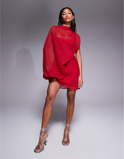 ASOS DESIGN high neck draped asymmetric mini dress with cut out in red