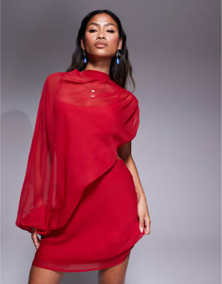 ASOS DESIGN high neck draped asymmetric mini dress with cut out in red