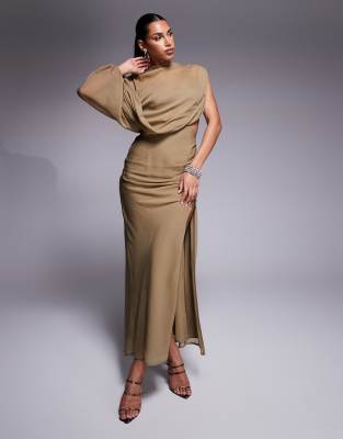 Asos Design High Neck Draped Bodice Asymmetric Maxi Dress With Cut Out In Taupe-neutral