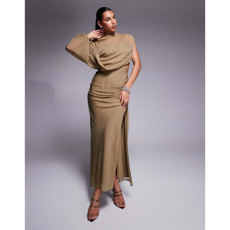 ASOS DESIGN high neck draped bodice asymmetric maxi dress with cut out in taupe