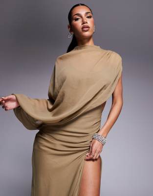 nude asymmetric draped neckline maxi dress from inthestyle Anaisa Asymmetric Neckline Draped Maxi Dress by Selfie Leslie